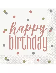16 Serviettes en papier Happy Birthday blanches et rose gold 33 x 33 cm