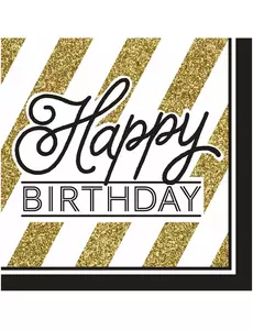 16 Happy Birthday servetten zwart-goud