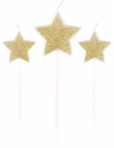 3 Bougies sur pic étoiles paillettes champagne 11 cm