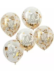 Ballons transparents Oh Baby avec confettis dorés métallisés 30 cm