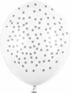 6 witte latex ballonnen met zilverkleurige stippen