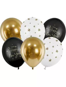 6 Ballons Happy New Year noir et or 30 cm