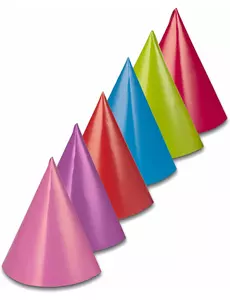 6 kegelvormige feestmutsen, diverse kleuren