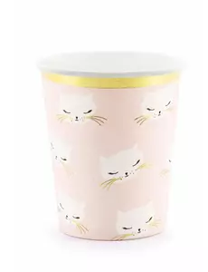6 kartonnen roze en witte katten bekers
