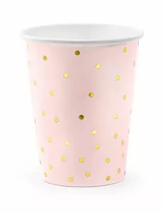 6 lichtroze en goudkleurige papieren bekers met stippen, 260 ml