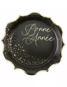 8 Assiettes en carton Bonne année noires et or 23 cm