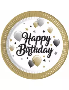 8 Happy birthday papieren bordjes goud zwart zilver 23 cm
