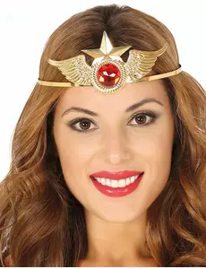 Serre-tête métal or avec pierre rouge super héroïne femme