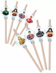 8 pailles médaillon en carton Justice League™ 20cm