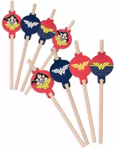 8 pailles médaillon en carton Wonder Woman™ 20cm
