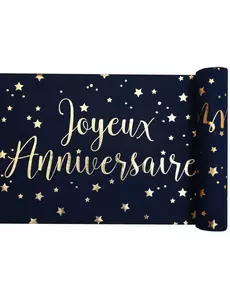 Chemin de table en coton bleu et or « Joyeux anniversaire » 28 cm x 3 m