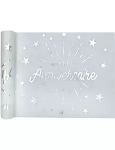 Wit en zilveren non-woven verjaardagstafelloper 5m x 30cm