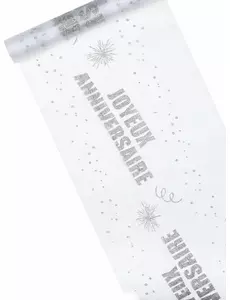 Chemin de table en organza argenté « Joyeux anniversaire » 29 cm x 5 m
