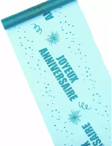 Chemin de table en organza turquoise « Joyeux anniversaire » 29 cm x 5 m