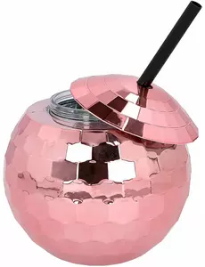 Disco bal beker met roze rietje 650 ml