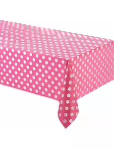 Roze plastic tafelkleed met witte stippen