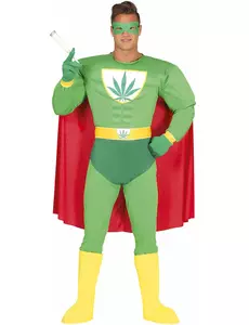 Déguisement humoristique super héros feuille de cannabis adulte, Taille: Medium