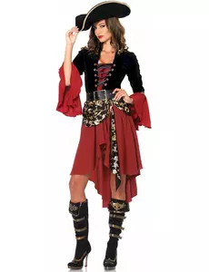 Piraten outfit met goudkleurige schedels voor vrouwen, Maat: Small (36–38)
