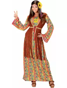 Déguisement robe longue hippie à franges femme, Taille: Medium