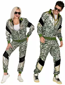 Kostuum trainingspak dollarbiljet volwassenen, Maat: Small