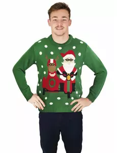Groene kersttrui met biker Kerstman, Maat: Small/Medium