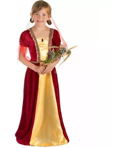 Rood middeleeuws gravin kostuum voor meisjes, Maat: 4–6 jaar (110–120 cm)