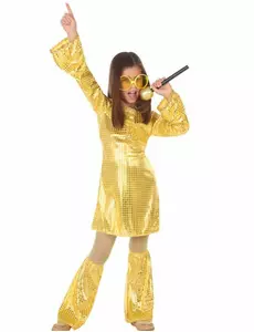 Goudkleurige lovertjes disco kostuum voor meisjes, Maat: 5–6 jaar (115/130 cm)