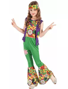 Hippie Flower Power kostuum voor meisjes, Maat: 4–6 jaar (110–120 cm)