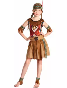 Bruine en kleurrijke indiaan outfit met hoofdband voor meisjes, Maat: 3–4 jaar (92–104 cm)