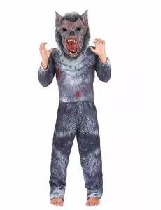 Eng grijs weerwolf kostuum met masker voor kinderen, Maat: 7–9 jaar (120–130 cm)