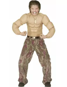 Bodybuilder T-shirt met grote nep spieren voor kinderen, Maat: 8–10 jaar (140 cm)
