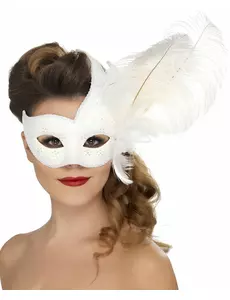 Loup vénitien blanc avec plumes blanches adulte