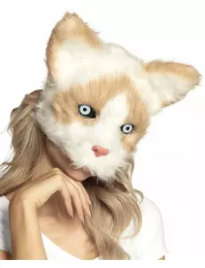 Pluche beige en wit kat masker voor volwassenen