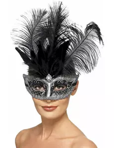 Masque Colombine vénitien gris avec plumes adulte