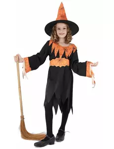 Oranje spinnenweb heksenkostuum voor kinderen, Maat: 7–9 jaar (120–130 cm)