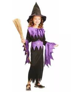 Zwart en paars gekleurd heksen kostuum voor meisjes, Maat: 7–9 jaar (120–130 cm)