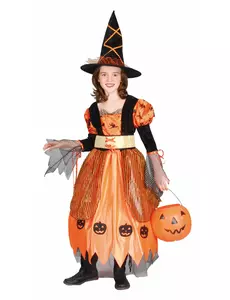 Oranje pompoen heksen outfit voor meisjes, Maat: 4–6 jaar (110–120 cm)