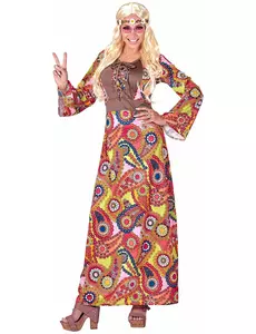 Déguisement robe longue hippie multicolore femme, Taille: Large