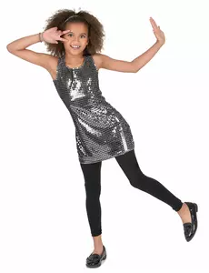 Zilverkleurig disco kostuum voor meisjes, Maat: 7–9 jaar (M)