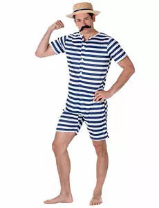Blauw en wit gestreept retro zwem outfit voor mannen, Maat: Medium