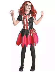 Bloederig rood en zwart clown kostuum voor meisjes, Maat: 10–12 jaar (130–140 cm)