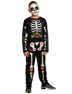 Dia de los Muertos skelet kostuum voor jongens, Maat: 7–9 jaar (122–134 cm)
