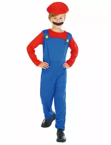 Rood en blauw videogame loodgieter kostuum voor jongens, Maat: 4–6 jaar (110–120 cm)