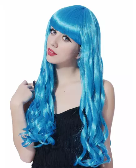 Perruque longue ondulée bleue avec frange femme