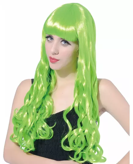 Perruque longue ondulée Vert fluo avec frange femme