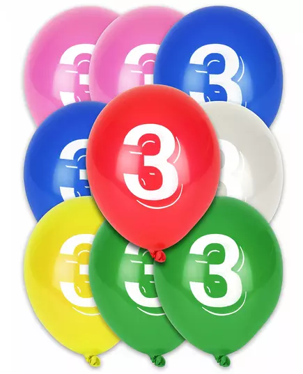 8 Ballons chiffre 3 multicolores 30 cm