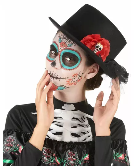 Chapeau haut de forme noir tête de mort fleur rouge Dia de los muertos adulte