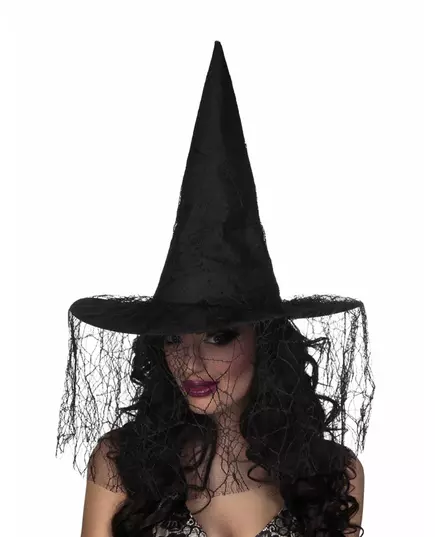 Zwarte heksenhoed met spinnensluier voor dames Halloween