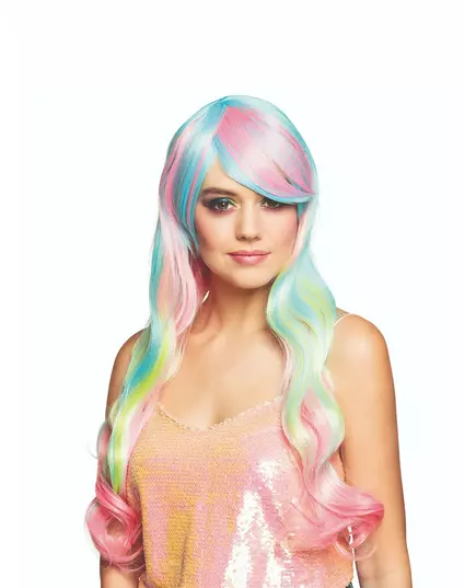 Lange pastelkleurige regenboog pruik voor vrouwen