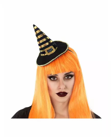 Serre-tête mini chapeau de sorcière rayé noir et or adulte